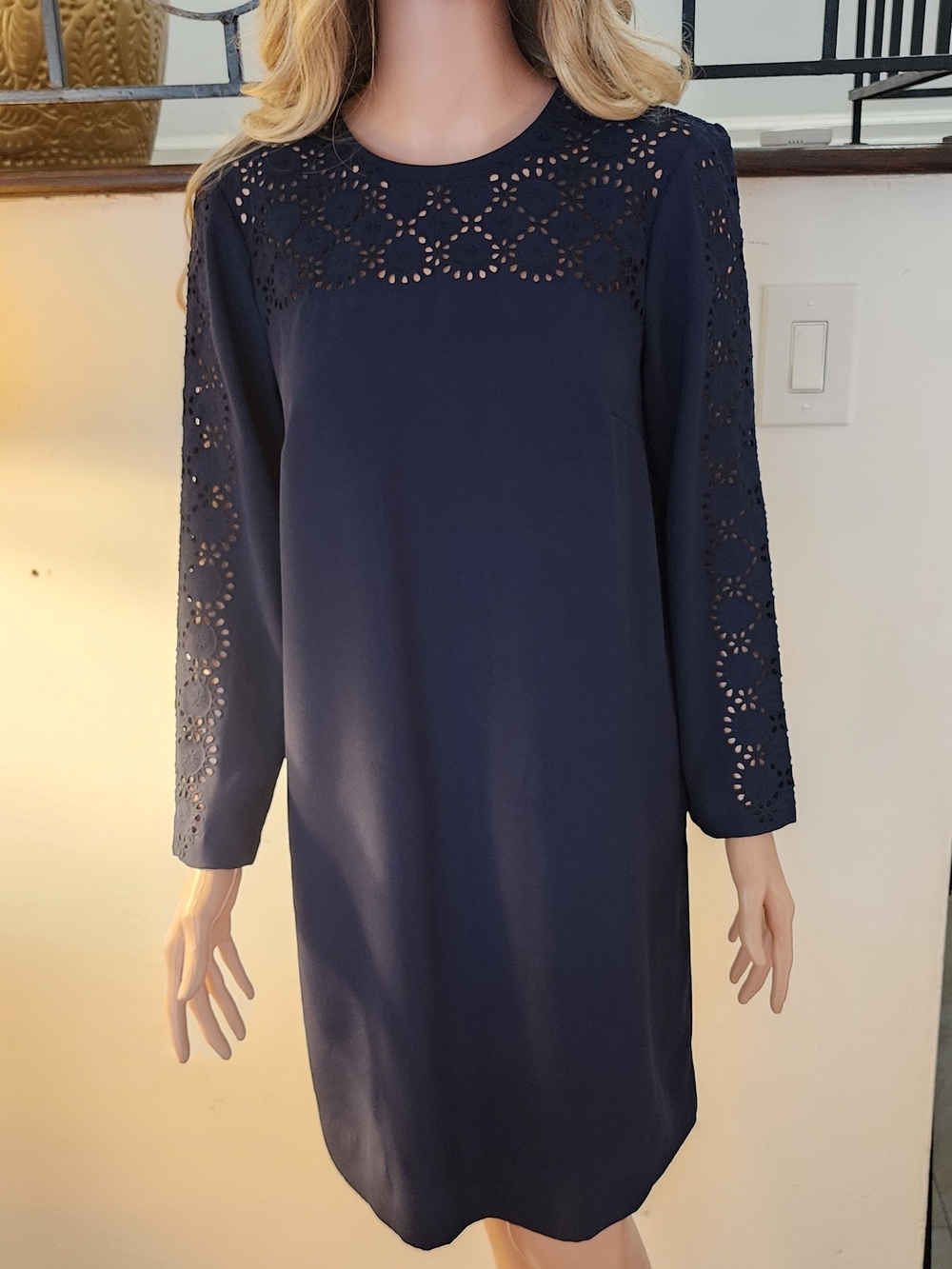 J. Crew Navy Eyelet Yoke Long Sleeve Dress